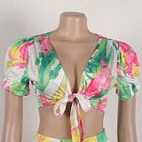 Fashion Printed Crop Top And Wide-leg Pants 2 Pieces Sets NY-2761