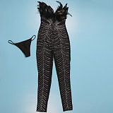 Black Feather Hot Drilling Off Shoulder Slim Jumpsuits NY-2762