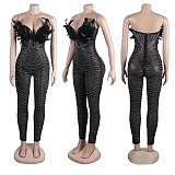 Black Feather Hot Drilling Off Shoulder Slim Jumpsuits NY-2762