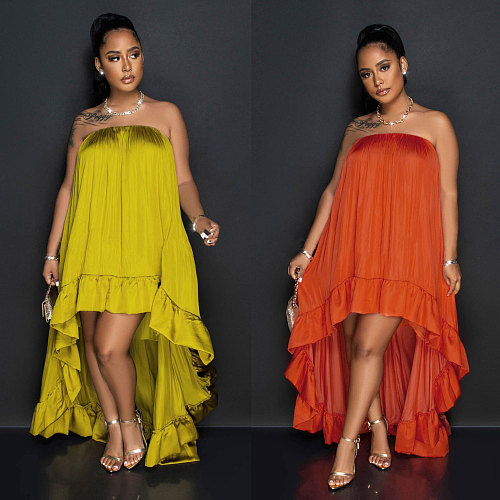 Sexy Strapless Solid Color Flounced Maxi Dresses NY-10493