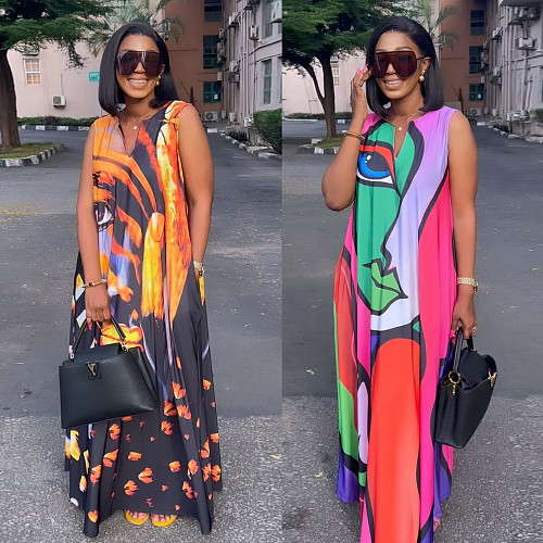 Sexy Printed Sleeveless Loose Long Dress NY-10481