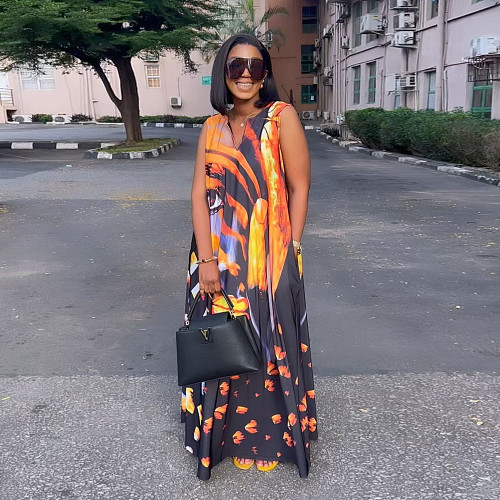 Sexy Printed Sleeveless Loose Long Dress NY-10481