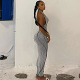 Sexy Halter Lace-up Backless Stripes Slim Maxi Dress BLG-3613084