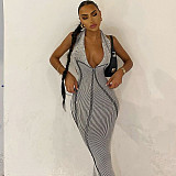 Sexy Halter Lace-up Backless Stripes Slim Maxi Dress BLG-3613084