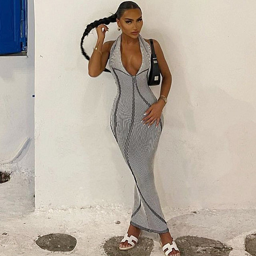 Sexy Halter Lace-up Backless Stripes Slim Maxi Dress BLG-3613084