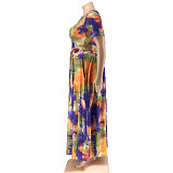 Fashion Tie-dye Print Plus Size 5XL Long Skirt Two Pieces Sets OSS-21087
