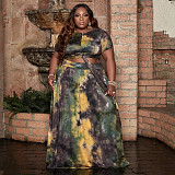 Fashion Tie-dye Print Plus Size 5XL Long Skirt Two Pieces Sets OSS-21087