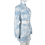 Trendy Tie-dye Print Fleece And Short Skirt Two Pieces Set NZD-9556