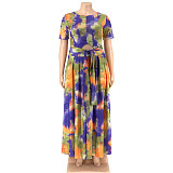 Fashion Tie-dye Print Plus Size 5XL Long Skirt Two Pieces Sets OSS-21087
