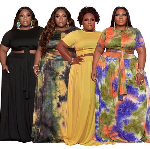 Fashion Tie-dye Print Plus Size 5XL Long Skirt Two Pieces Sets OSS-21087