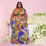 Fashion Tie-dye Print Plus Size 5XL Long Skirt Two Pieces Sets OSS-21087