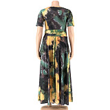 Fashion Tie-dye Print Plus Size 5XL Long Skirt Two Pieces Sets OSS-21087