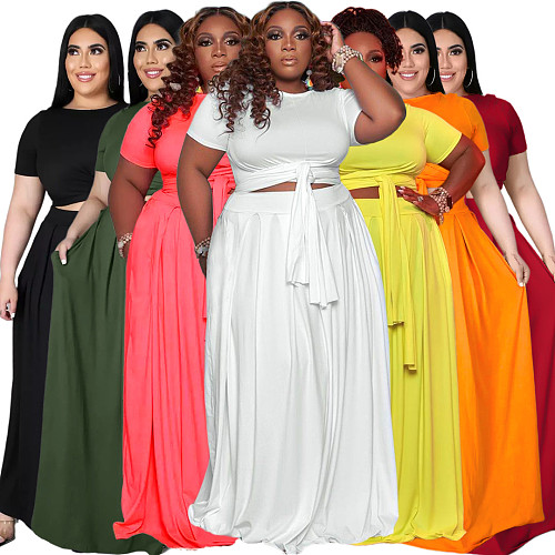 Large Size 5XL Women Solid Color Cross Strap Skirt 2 Pieces Sets ASL-7025