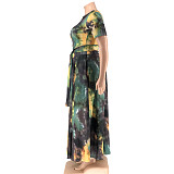 Fashion Tie-dye Print Plus Size 5XL Long Skirt Two Pieces Sets OSS-21087