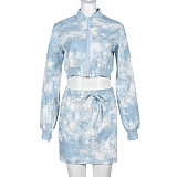 Trendy Tie-dye Print Fleece And Short Skirt Two Pieces Set NZD-9556