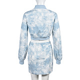 Trendy Tie-dye Print Fleece And Short Skirt Two Pieces Set NZD-9556
