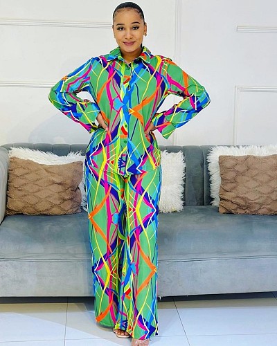 Fashion Printed Two Pieces Sets Women Buttons Tops And Long Pants MAE-2192
