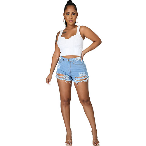 Women Broken-holes High Waist Denim Shorts HSF-2518