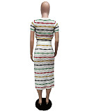 Trendy Stripes Short Sleeves Splits Skirt  2 Pieces Sets XT-8209