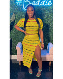 Trendy Stripes Short Sleeves Splits Skirt  2 Pieces Sets XT-8209
