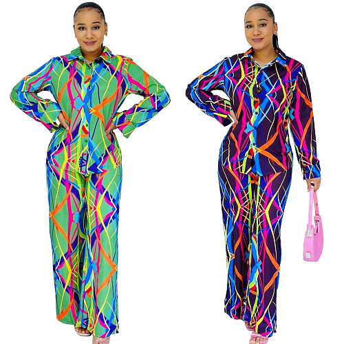Fashion Printed Two Pieces Sets Women Buttons Tops And Long Pants MAE-2192