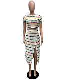 Trendy Stripes Short Sleeves Splits Skirt  2 Pieces Sets XT-8209