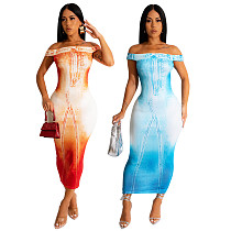 Sexy Off Shoulder Printed Slim Maxi Dresses OSD-6905