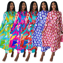 Trendy Prints Lace-up Long Sleeves Pleated Maxi Dress YF-10567