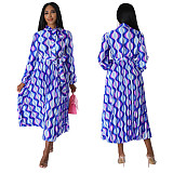 Trendy Prints Lace-up Long Sleeves Pleated Maxi Dress YF-10567