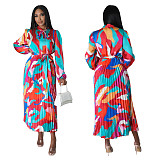 Trendy Prints Lace-up Long Sleeves Pleated Maxi Dress YF-10567
