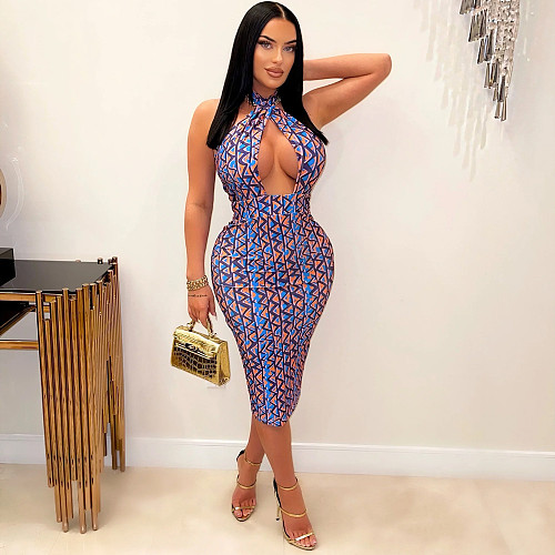 Sexy Hollow Out Halter Backless Printed Bandage Maxi Dresses OSD-6992
