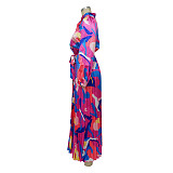 Trendy Prints Lace-up Long Sleeves Pleated Maxi Dress YF-10567
