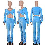 Casual 2 Pieces Sets Girls Long Sleeves Crop Top And Long Pants YD-8767