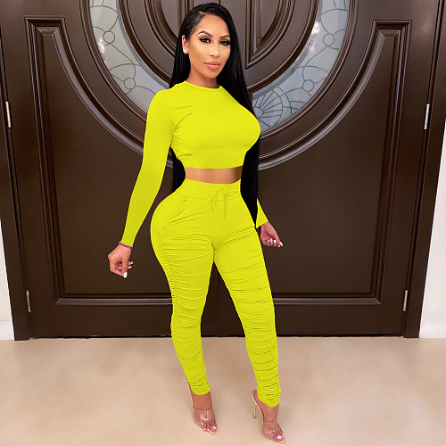 Casual 2 Pieces Sets Women Long Sleeves Crop Top And Long Pants TE-4002