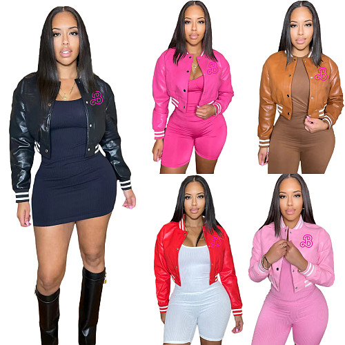 Fashion Women PU Leather Baseball Jacket WA-499328