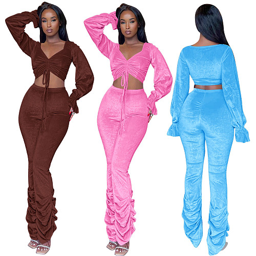 Casual 2 Pieces Sets Girls Long Sleeves Crop Top And Long Pants YD-8767