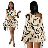 Trendy Printed Girls Oblique Shoulder Crop Top And Mini Skirt YF-10615