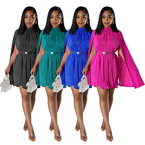 Elegant Ladies Solid Color Pleated Cape Sleeves Mini Dress YF-10610