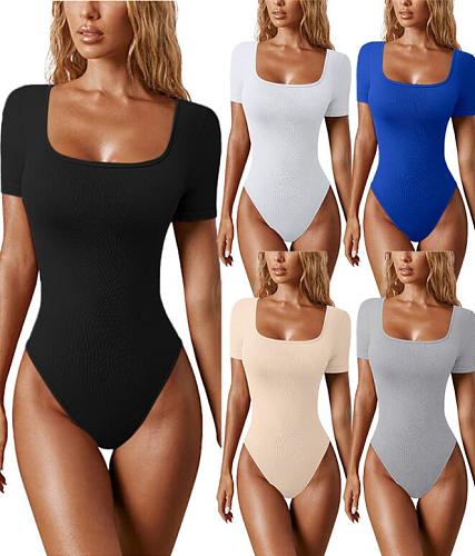 Women Solid Color Short Sleeves Square Collar Bodysuit HXZY-0315