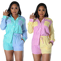 Fashion Stripes Blouse With Shorts Women 2 Pieces Sets RS-6959