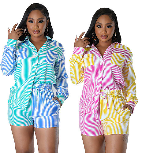 Fashion Stripes Blouse With Shorts Women 2 Pieces Sets RS-6959
