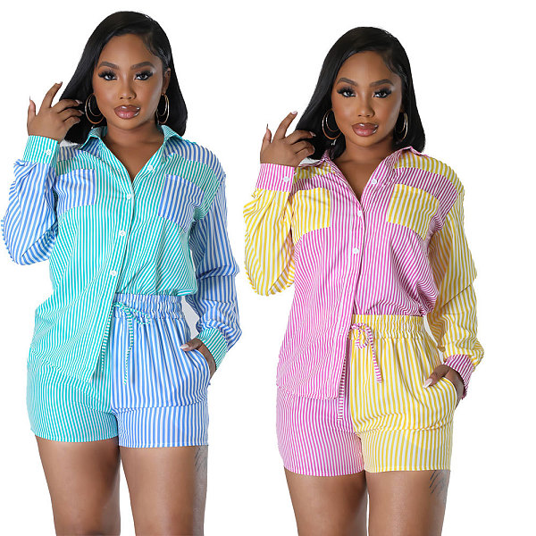 Fashion Stripes Blouse With Shorts Women 2 Pieces Sets RS-6959