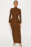Women Grid Mesh Long Sleeves High Neck Slim Length Dress YD-8773