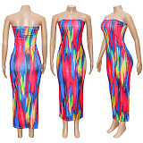 Tie Dye Stripe Print Strapless Maxi Dresses SH-390584