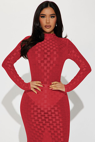Women Grid Mesh Long Sleeves High Neck Slim Length Dress YD-8773