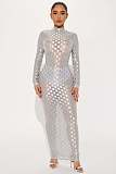Women Grid Mesh Long Sleeves High Neck Slim Length Dress YD-8773