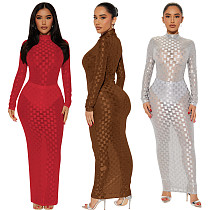 Women Grid Mesh Long Sleeves High Neck Slim Length Dress YD-8773