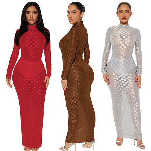 Women Grid Mesh Long Sleeves High Neck Slim Length Dress YD-8773