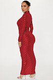 Women Grid Mesh Long Sleeves High Neck Slim Length Dress YD-8773