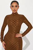 Women Grid Mesh Long Sleeves High Neck Slim Length Dress YD-8773